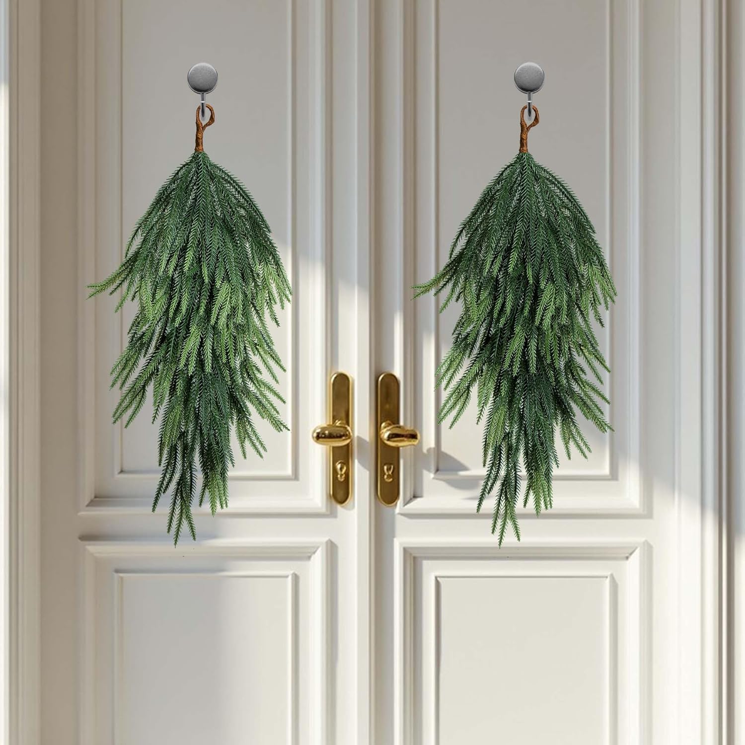 2 Pcs Artificial Christmas Teardrop Swag, 28" Faux Pine Needles Teardrop Door Swag, Christmas Norfolk Greenery Teardrop Wreath for Xmas Holiday Door Table Mantle Fireplace Indoor Outdoor Decor