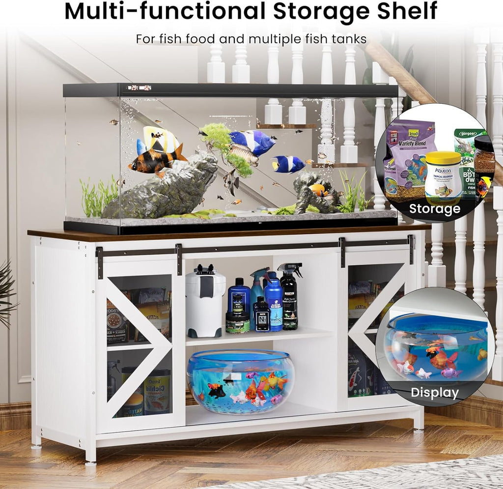 80 Gallon Aquarium Stand With Power Outlets, Farmhouse Fish Tank Stand, Reptile and Terrarium Stand with Cabinet Storage, Sturdy Heavy Duty 58.9" 19.7", White
