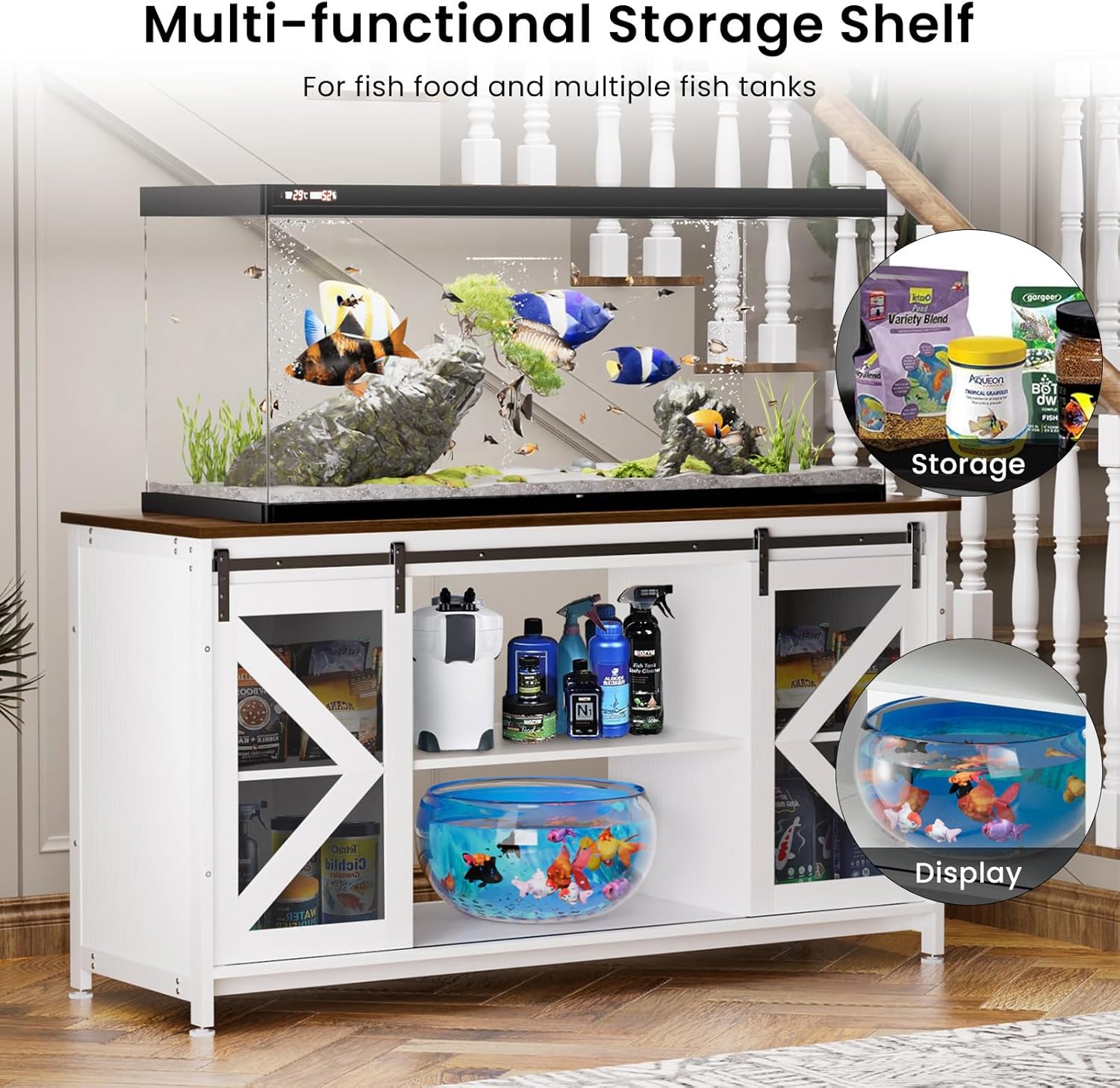 80 Gallon Aquarium Stand With Power Outlets, Farmhouse Fish Tank Stand, Reptile and Terrarium Stand with Cabinet Storage, Sturdy Heavy Duty 58.9" 19.7", White