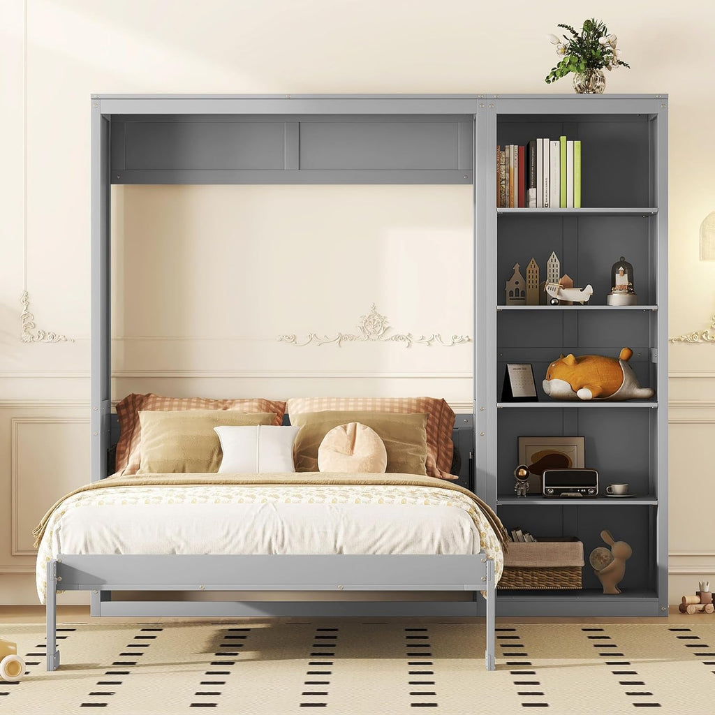MERITLINE Queen Murphy Bed with Storage Bookcase Shelves,Wood Folding Grey Murphy Wall Bed Cabinet