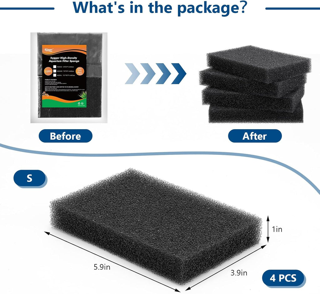 hygger Aquarium Sponge Filter Pad, Filter Media Foam Sponges, Cut-to-Size Open Cell Foam Sheet for Fish Tanks and Ponds, S (4 Pack 5.9 * 3.9 * 1 inch)
