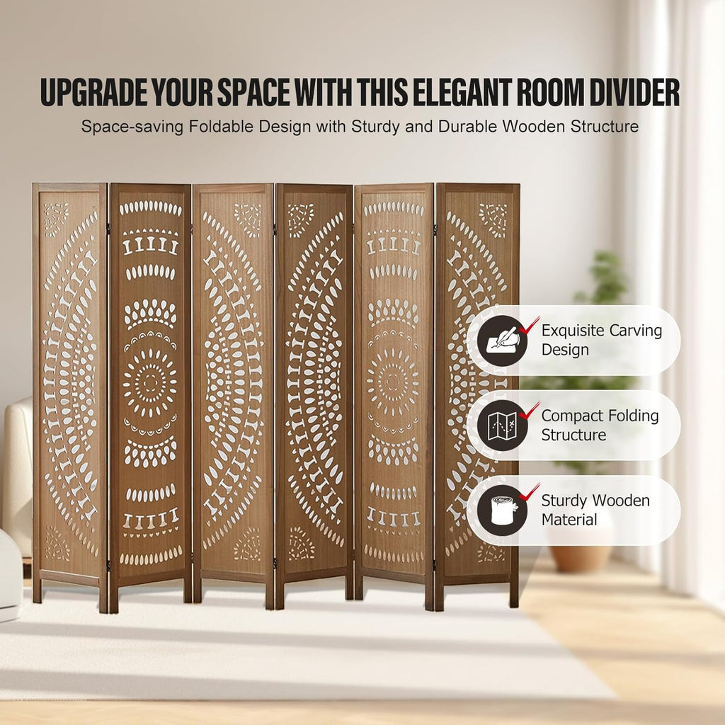 6 Panel Wood Room Divider Fully Assembled, Decorative Room Dividers and Folding Screens, 5.6Ft Room Divider Screen Freestanding Partition Wall Dividers for Home Bedroom Office, Brown