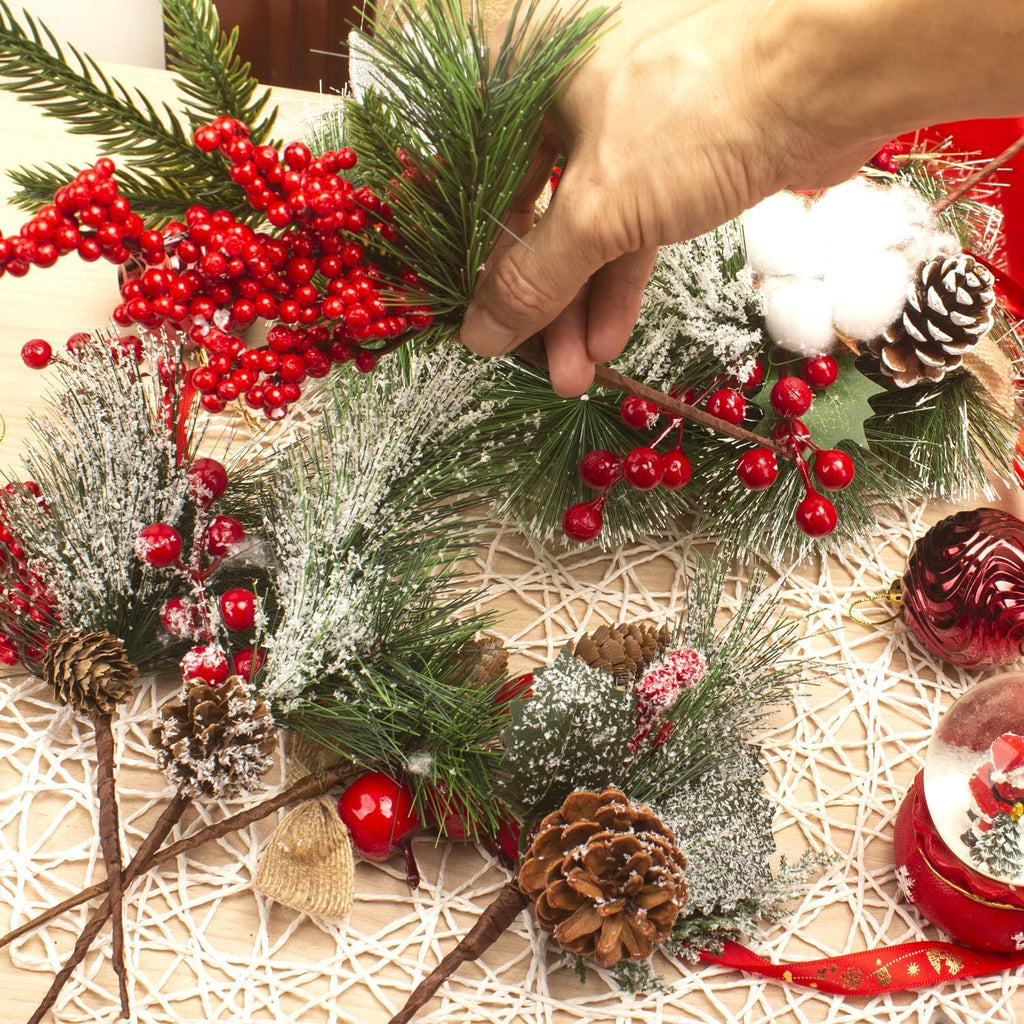 Artificial Pine Picks Christmas Pine Picks Pine Needles Branches with Red Berry Pinecones Berry Branches Fake Berries for Flower Arrangements Wreaths Holiday Xmas Tree Decoration