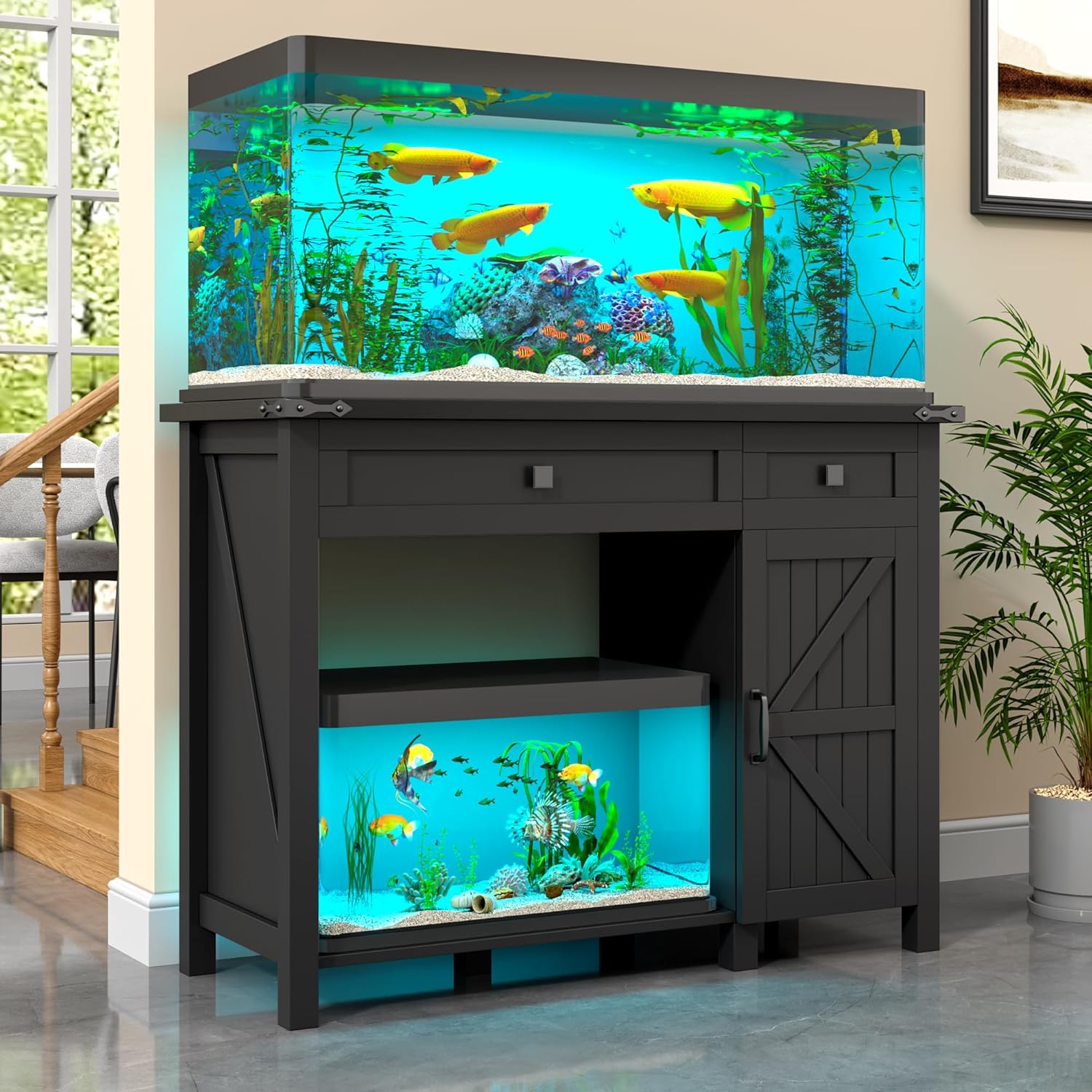 40 Gallon Fish Tank Stand with Power Outlets, Farmhouse Decorative Aquarium Stand Furniture with Adjustable Shelves and Storage Drawer, 30-40 Gallon Reptile Turtle Tank Stand(Black, 30-40GL)