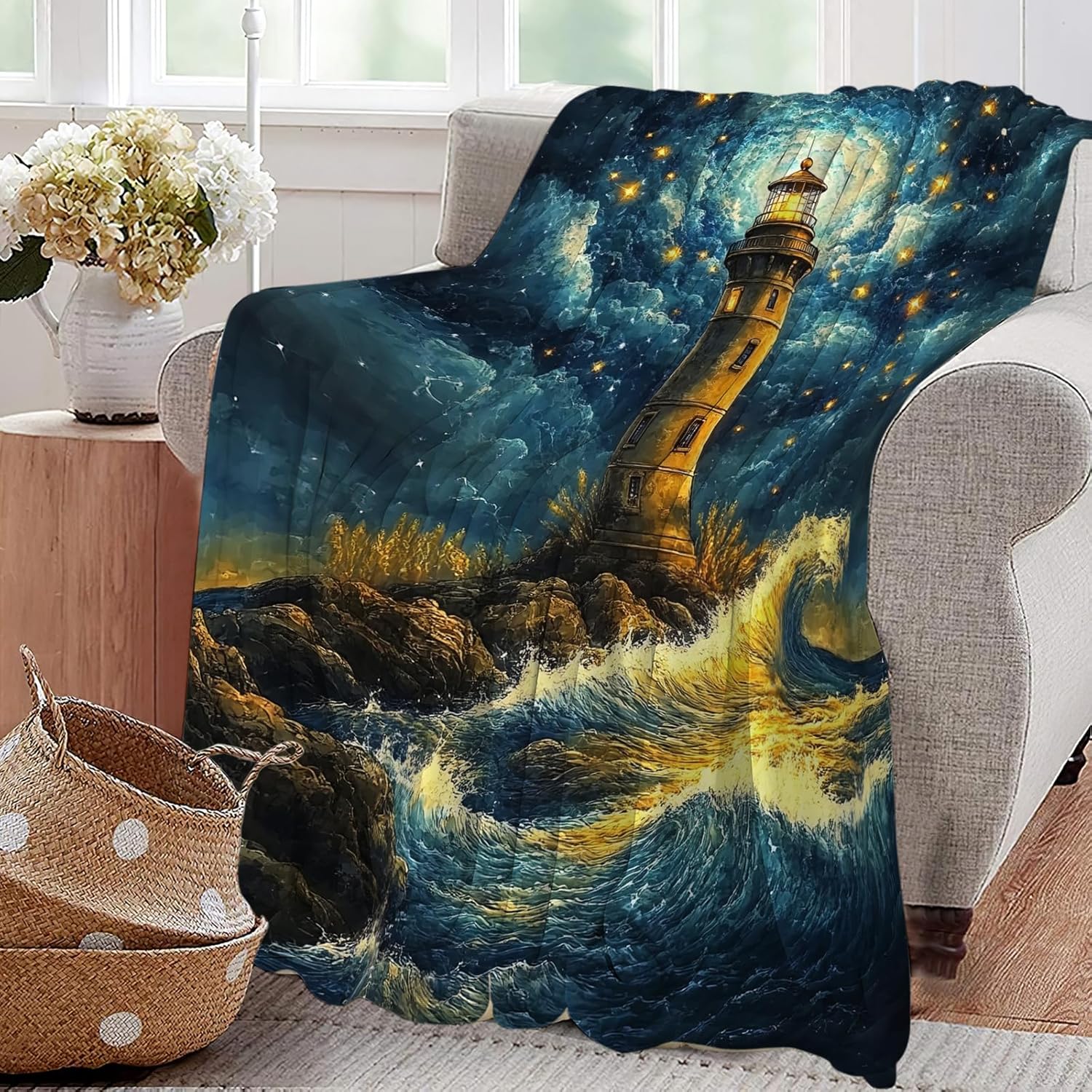 Lighthouse Blanket Nautical Coastal Lighthouse Starry Night Throw Blankets Gifts for Girls Boys Kids Soft Cozy Fleece Plush for Couch Sofa Bed 50"x40"