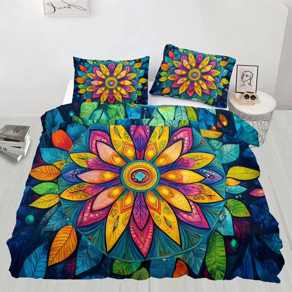 Colorful Flower Duvet Cover Twin Bohemian Floral Bedding Set 2 Piece for Kids Decor Luxury Mandala Comforter Cover and 1 Pillow Sham with Zipper Closure