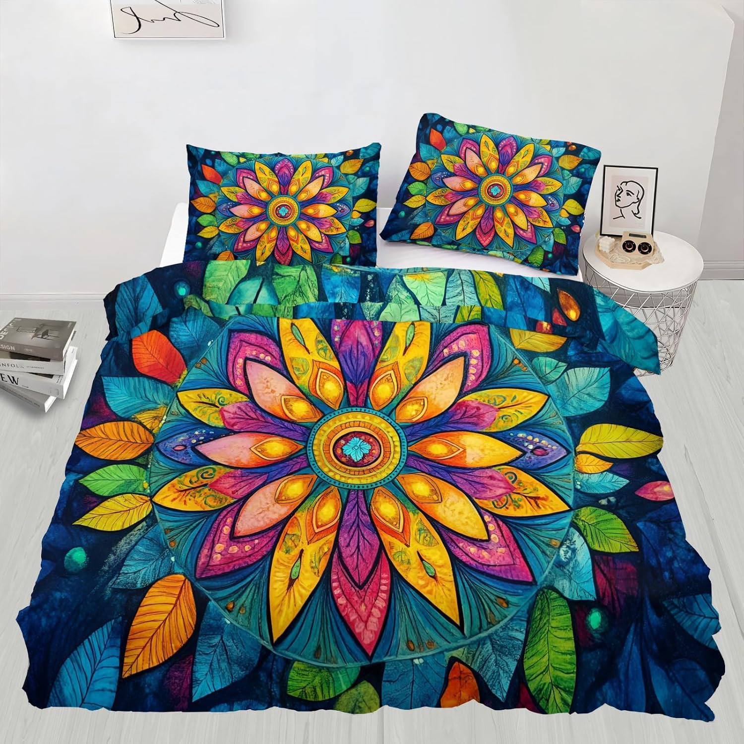 Colorful Flower Duvet Cover California King, Bohemian Floral Bedding Set 3 Piece Bedroom Decor Luxury Mandala Comforter Cover and 2 Pillow Sham with Zipper Closure
