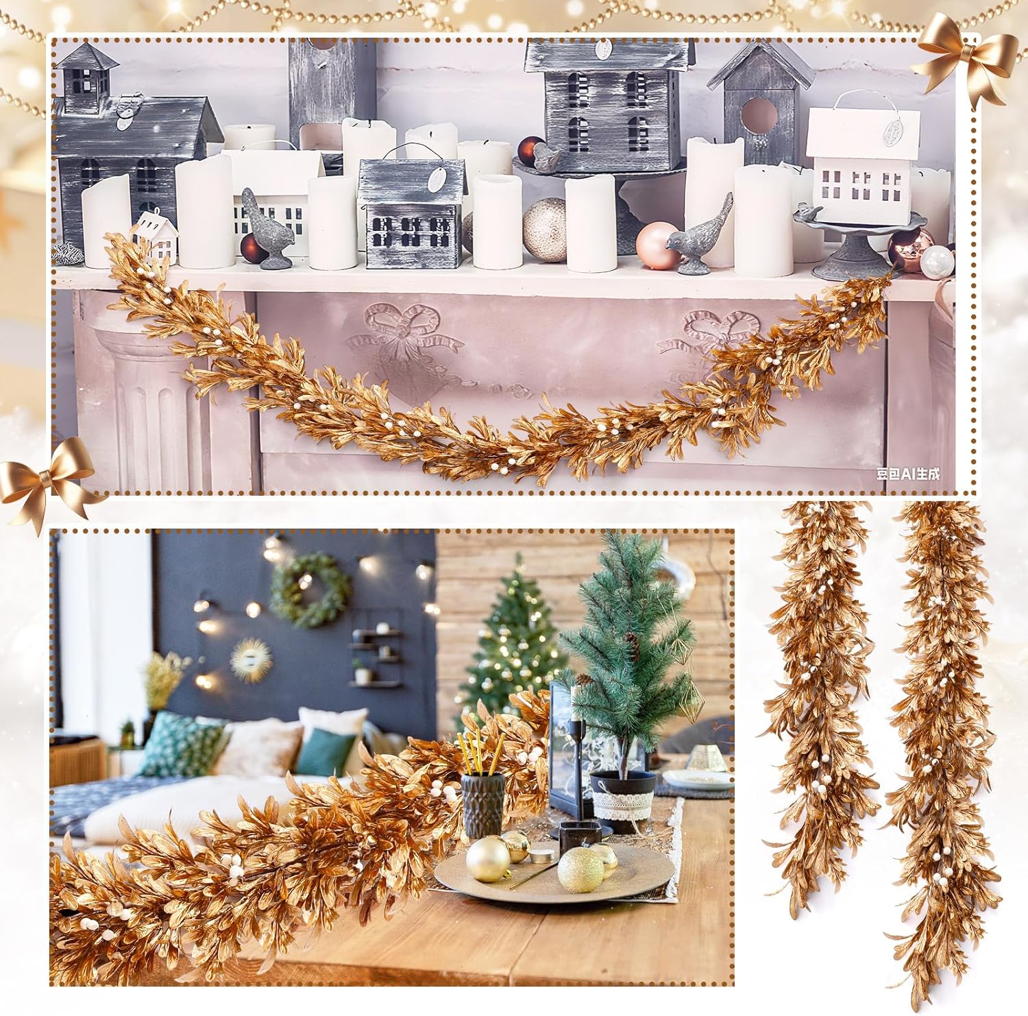 Dingion 6 Ft Christmas Gold Leaf Garland Artificial Boxwood Leaf Garland with Pearl White Berry for Christmas Fireplace Front Door Stairs Decoration Winter Engagement Birthday Wedding Party Supplies