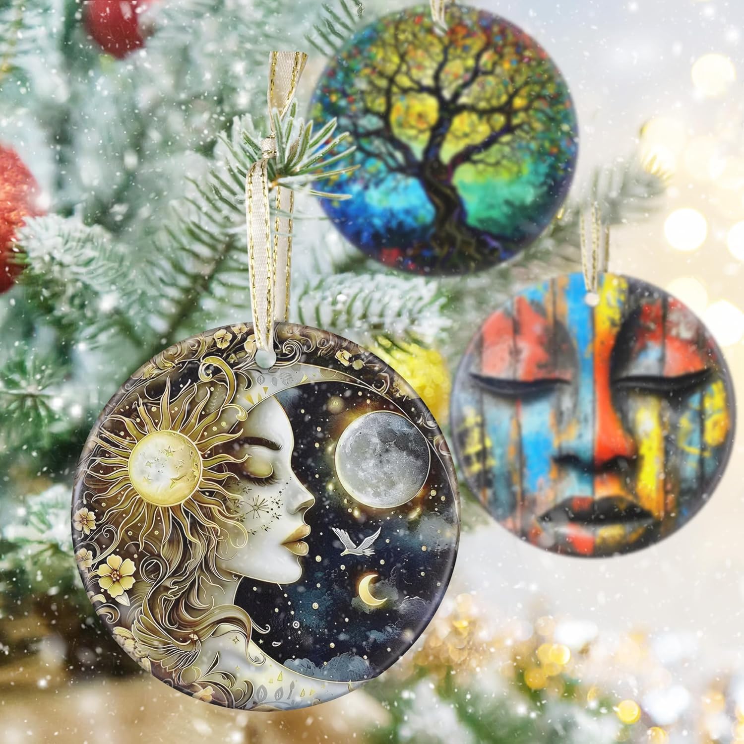 3.5" Ceramic Christmas Ornaments, Christmas Tree Ornaments, Heirloom Keepsake, Gift Exchange, Gift Idea, Bauble Present - Sun and Moon