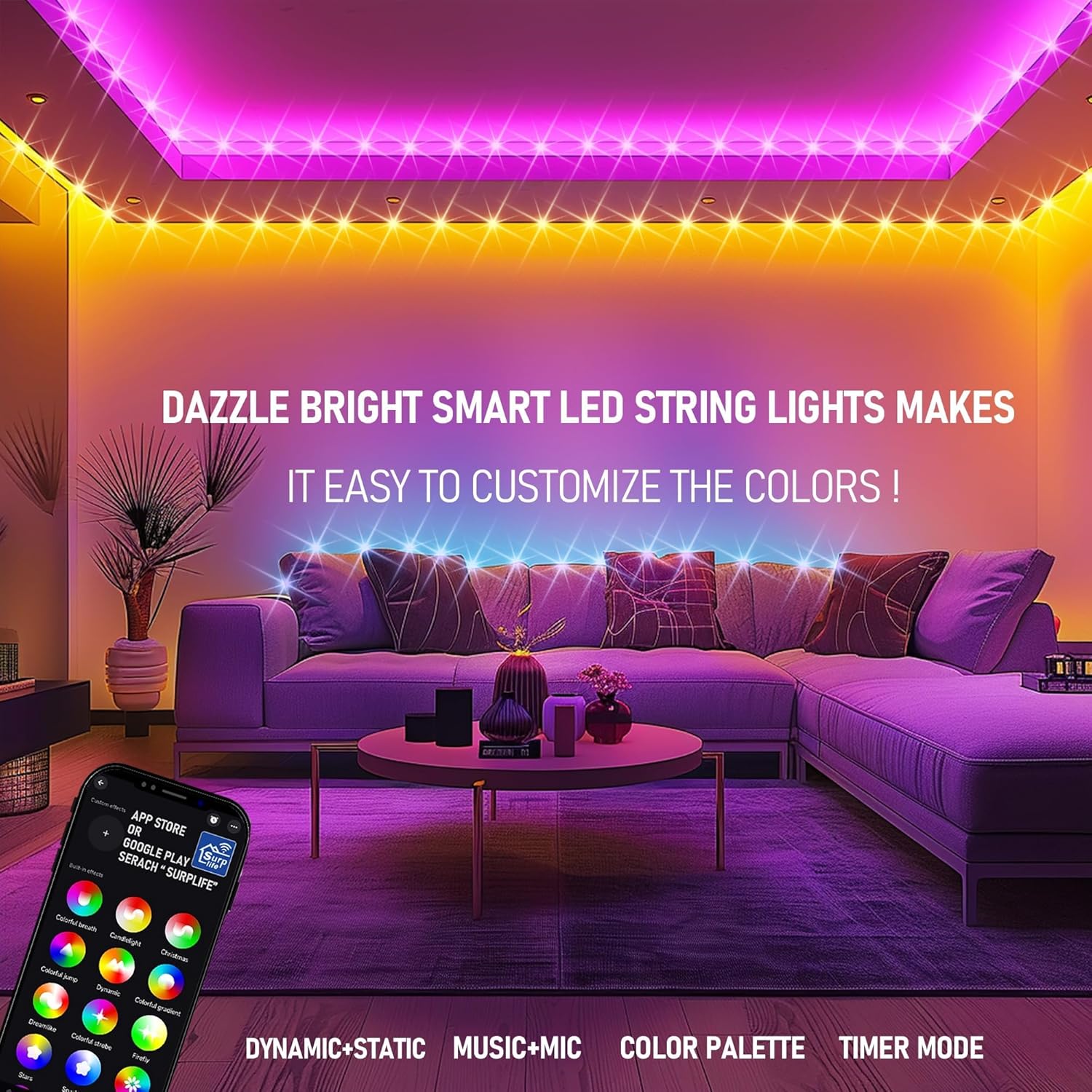 Dazzle Bright Smart Color Changing Christmas Lights, 66FT 200 LED RGB String Lights with Remote & App Controlled, Halloween Decorations for Indoor Outdoor Holiday Xmas Tree Party Decor