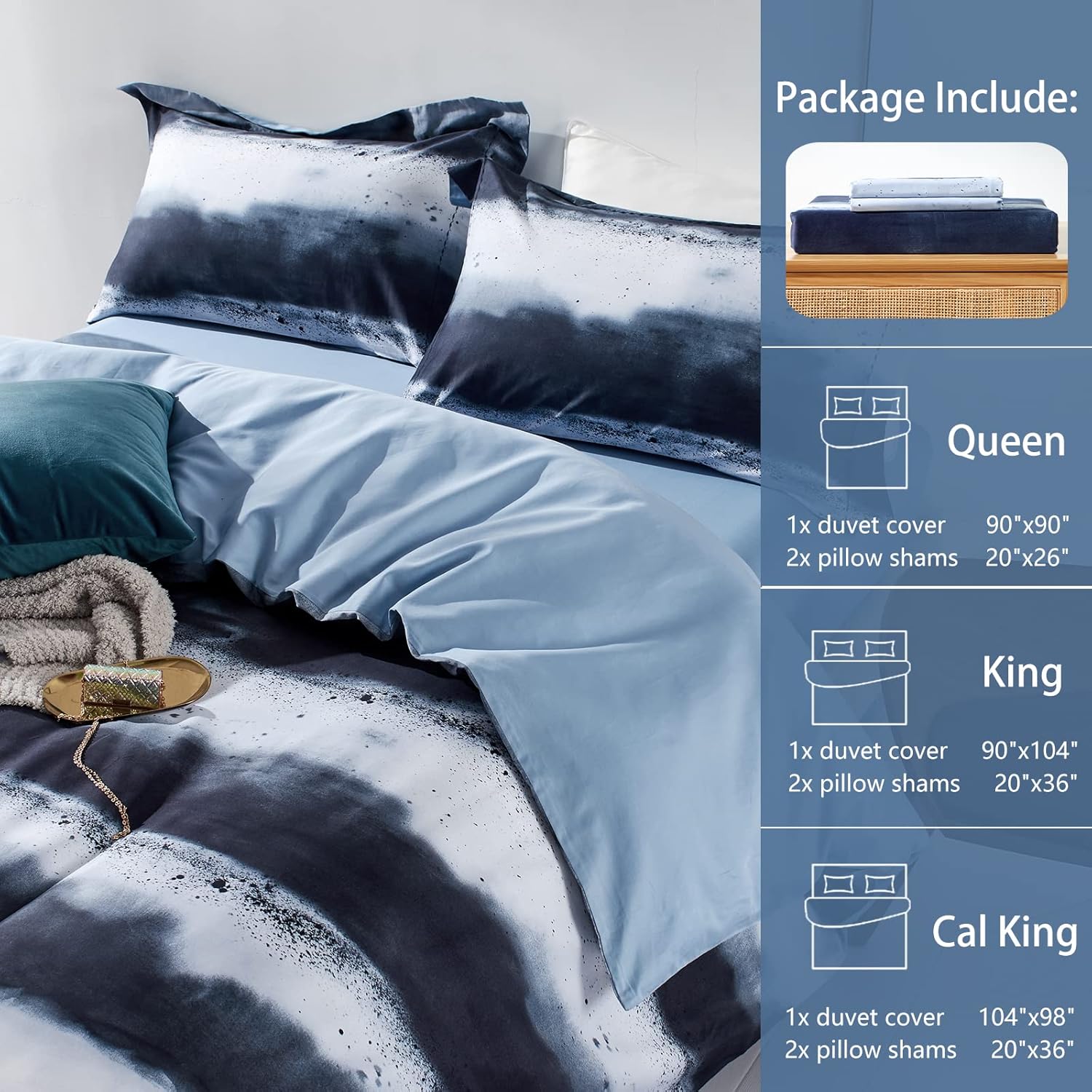 MILDLY 100% Long-Staple Cotton Duvet Cover Set Navy & White Striped Watercolor Pattern Printed Comforter Cover 3pcs, Ultra Soft & Breathable Bedding Set