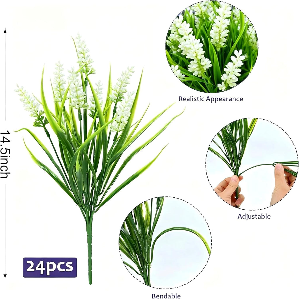 Geegoods Artificial White Lavender Flowers for Outdoors – 24 Bundles UV Resistant Fake Flowers with Monkey Grass, Realistic Artificial Plants Outdoor for Garden, Patio, Porch, Window Box & Home Décor