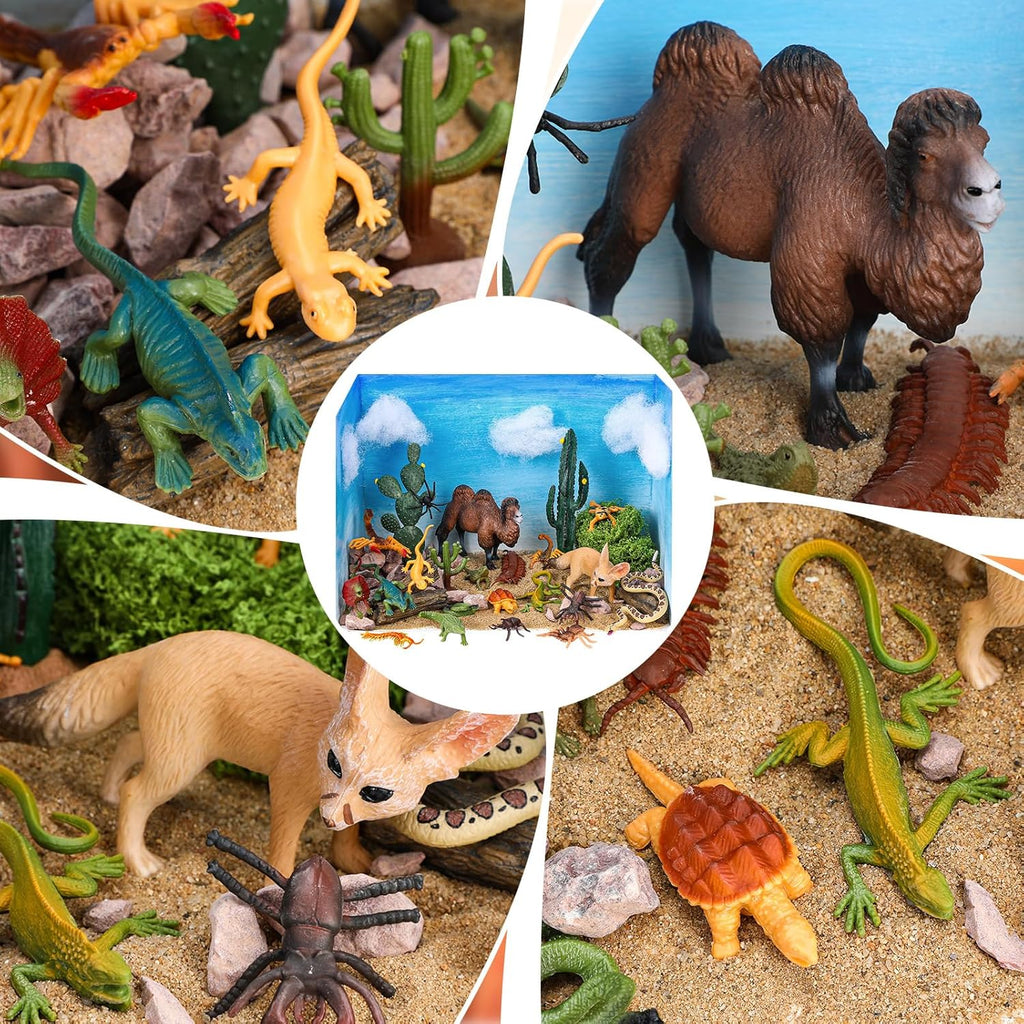 Soulchen 36 Pcs Desert Cardboard Diorama Box Kit 3D Desert Diorama Play Set Model Cactus Kit with Reptiles Camel Fennec Fox Lizard Snake Spiders for Birthday Gifts
