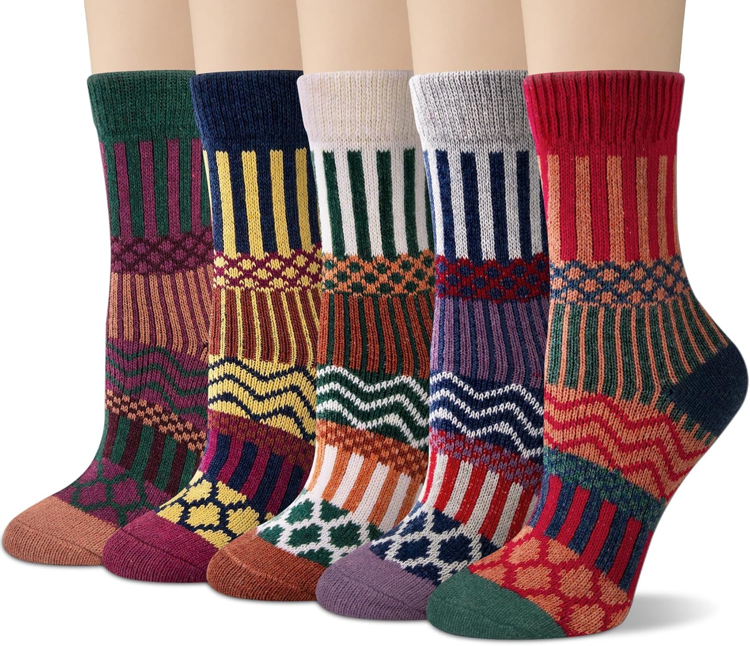 Justay 5 Pairs Wool Socks for Women - Winter Thick Boot Cozy Crew Vintage Soft Calf Knit Warm Socks Gifts