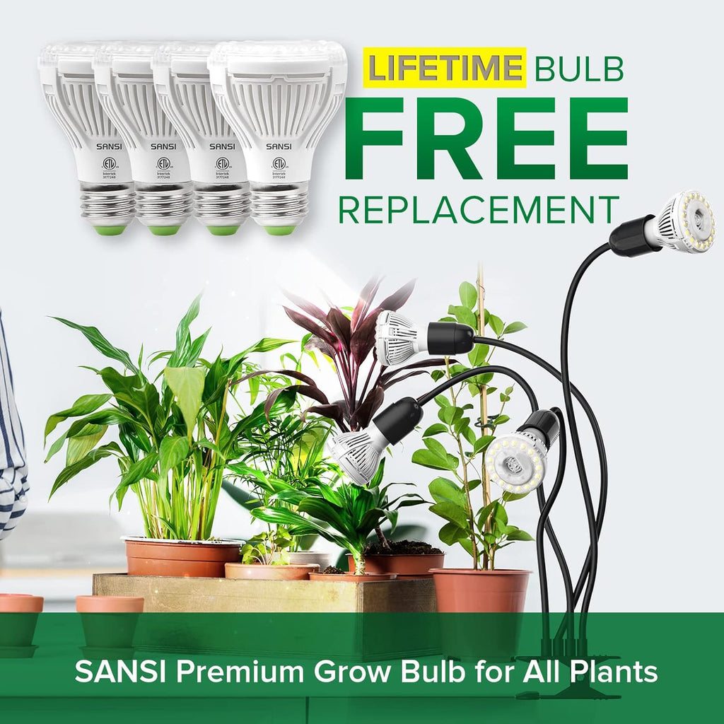 SANSI LED Grow Lights for Indoor Plants, 600W Full Spectrum Gooseneck Clamp Grow Lamp, 40W Power Plant Light with High PPFD for Seeding, Lifetime Free Bulb Replacement Plant Lights for Indoor