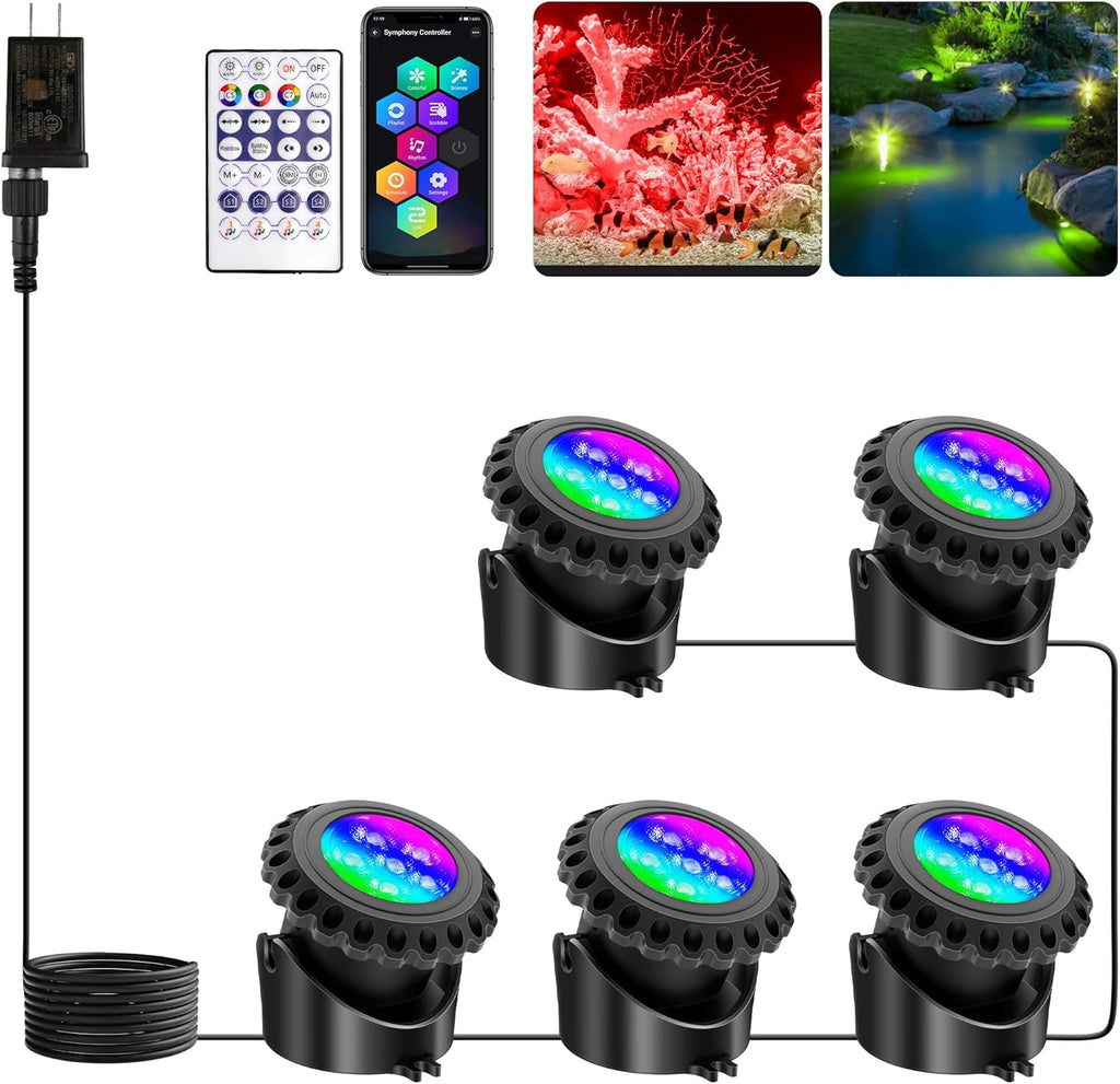 T-SUN Pond Light Led Underwater Submersible Fountain Lights Outdoor Underwater Fountain Lights Fish Pond Lights, Color Changing, IP68 Waterproof, Bluetooth App(Set of 5)