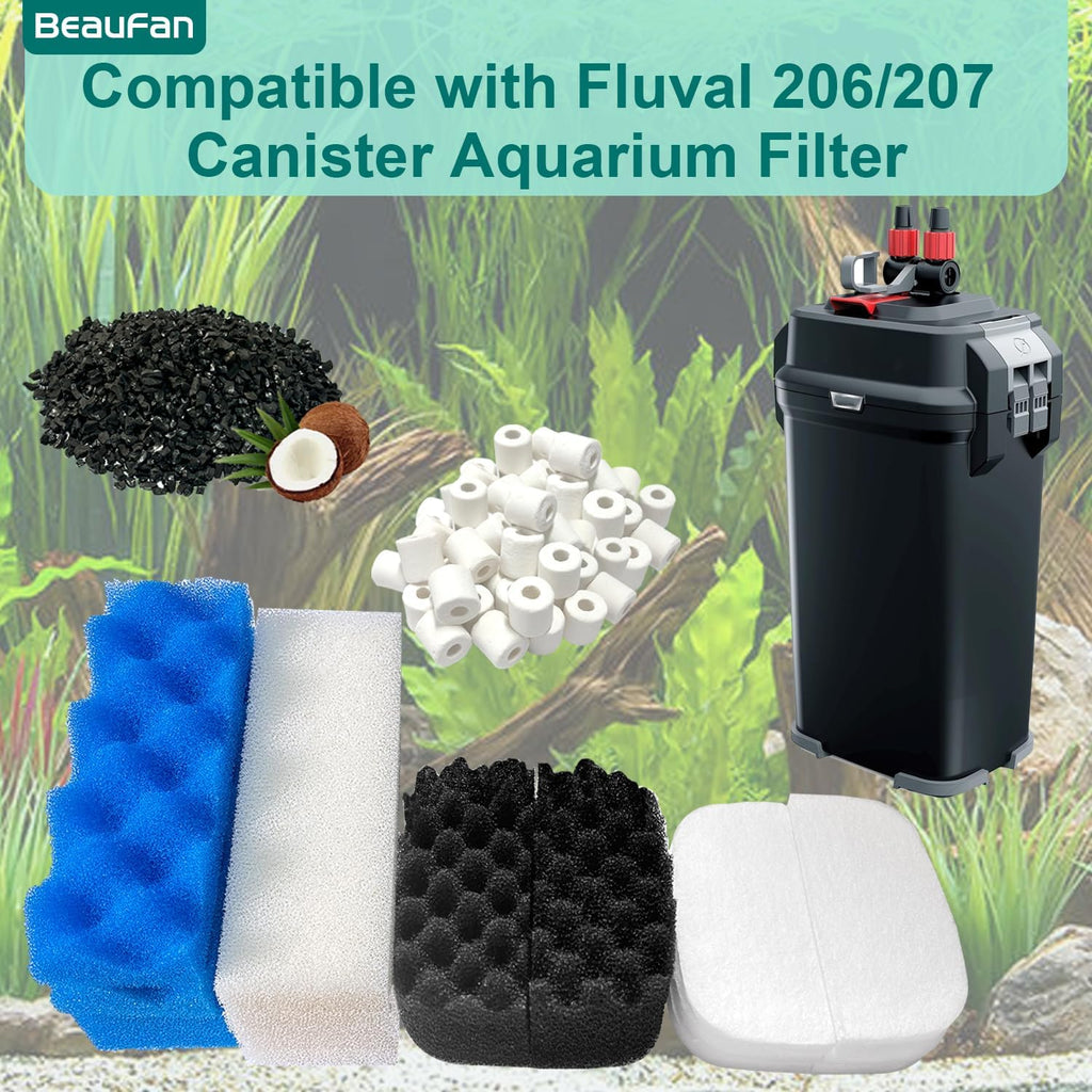 24 Pack Aquarium Media Kit Replacement for Fluval 206/207 Canister Filters, Replacement Bio Foam Filters, Activated Carbon & Ceramic Rings (2 Sets Maintenance Bundle)