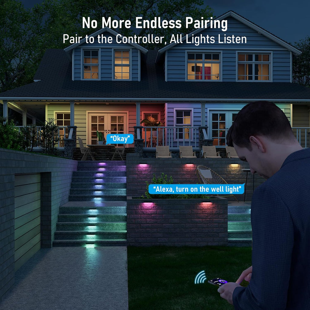 LEONLITE Alter-Link Series 8-Pack RGBCW 7 Inch LED Hardscape Lighting, Bi-Flow Controller Included, 12V-15V AC Smart Low Voltage Hardscape Lighting, 1800K-5000K Color Changing Retaining Wall Lights