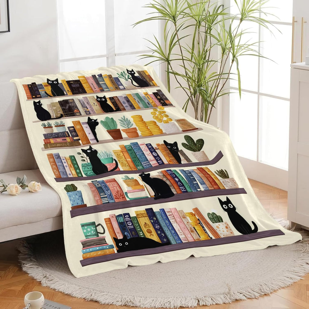 Black Cat Throw Blanket Book Cat Bookshelf Stuff Gifts for Kids Girls Boys Adults Women Men Soft Cozy Warm Plush Fluffy Fuzzy Fleece Blanket Decor 40''X50''