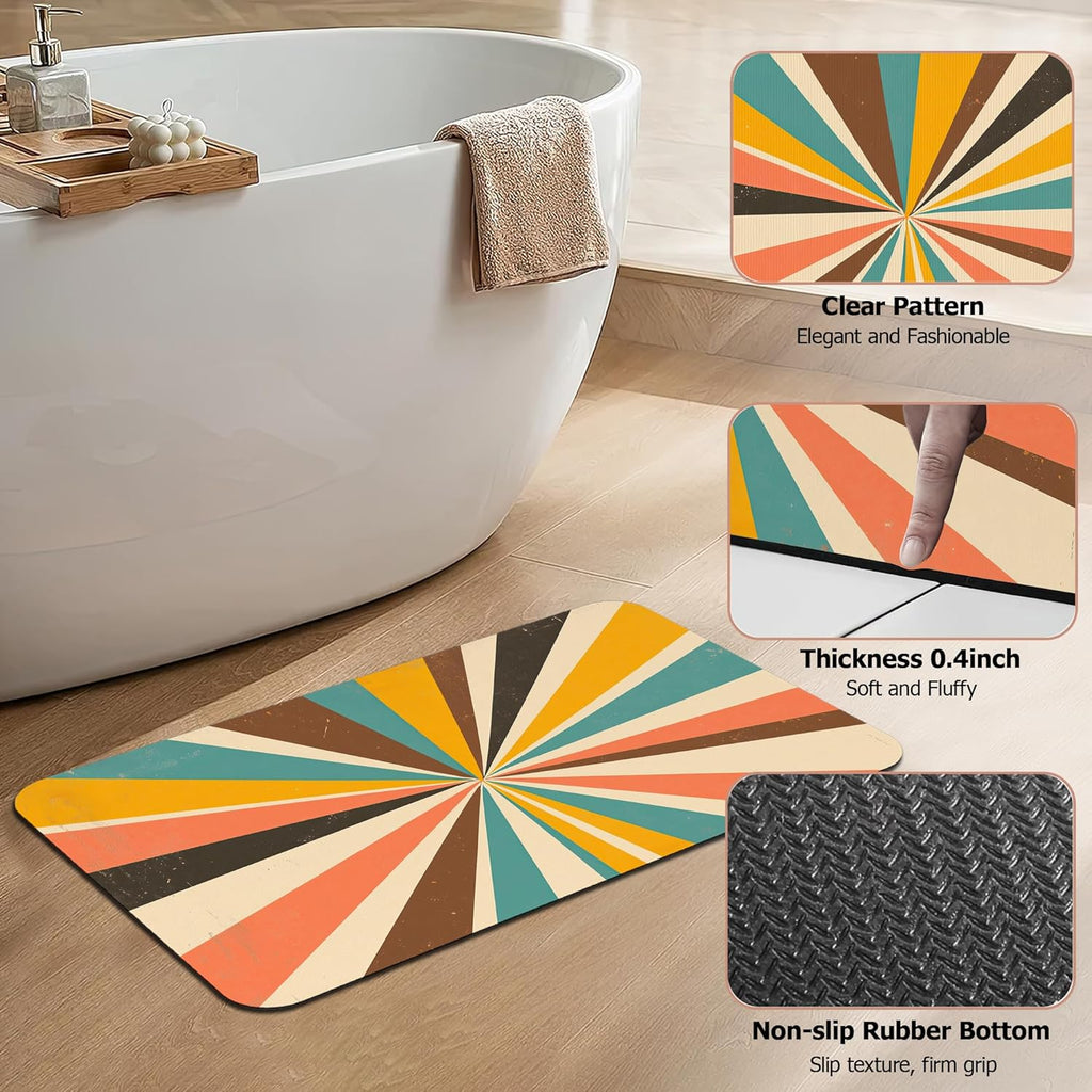 Diatomaceous Earth Bath Mat,Retro Vintage Bath Rugs,Radial Rays Non-Slip Thin Absorbent Fast Drying Easy to Clean for Bathroom Laundry Home Kitchen Door Mat 17x29.5Inch