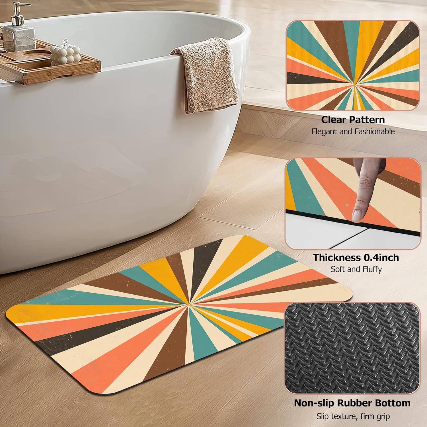 Diatomaceous Earth Bath Mat,Retro Vintage Bath Rugs,Radial Rays Non-Slip Thin Absorbent Fast Drying Easy to Clean for Bathroom Laundry Home Kitchen Door Mat 17x29.5Inch