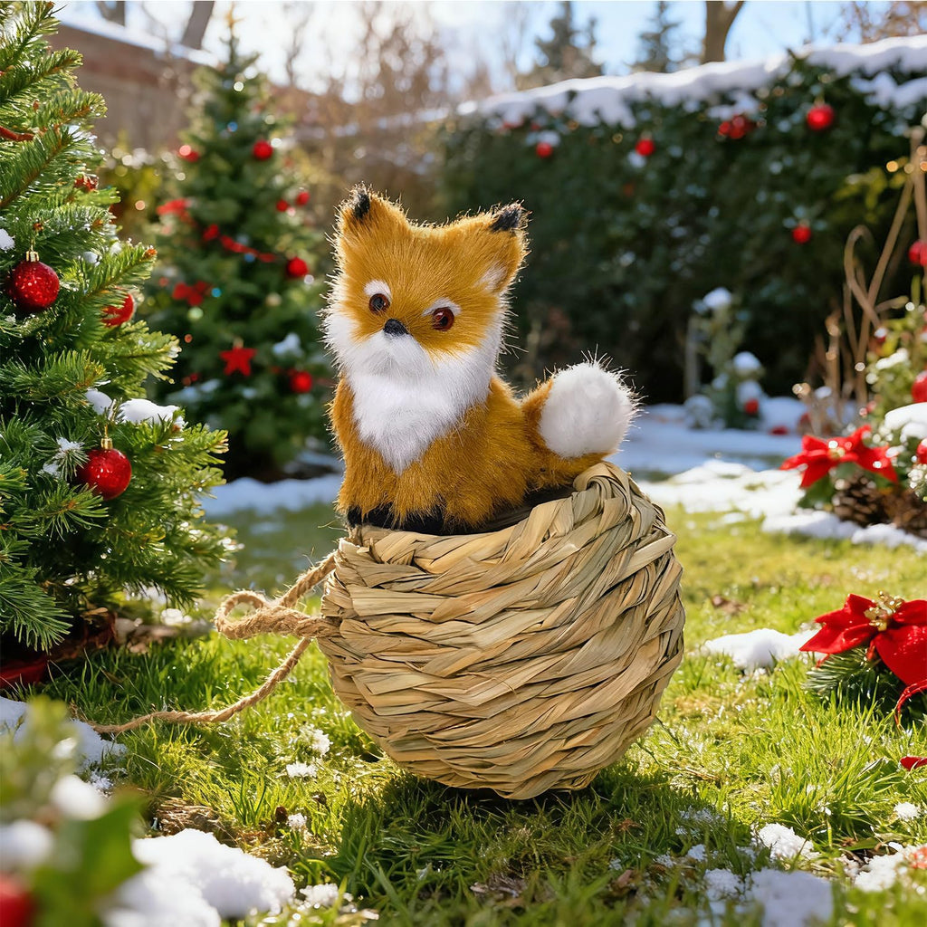 3D Forest Animals Ornaments for Christmas Tree Woodland Furry Animal Ornament Handmade Bird Nest with Plush Animals for Xmas Tree Faux Fur Animal Hanging Decoration Home (4inch Nest & Fox)