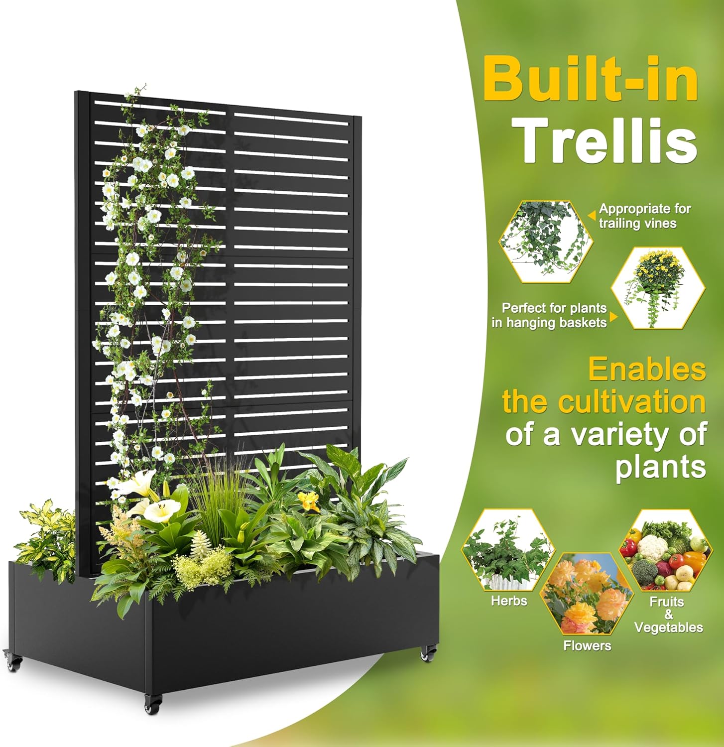 FENCY Dual Planter Boxes Metal Raised Garden Bed with Wheels and Trellis, 73"x35"x24" Privacy Screen for Vegetables, Vines & Flowers, Includes Drainage Holes