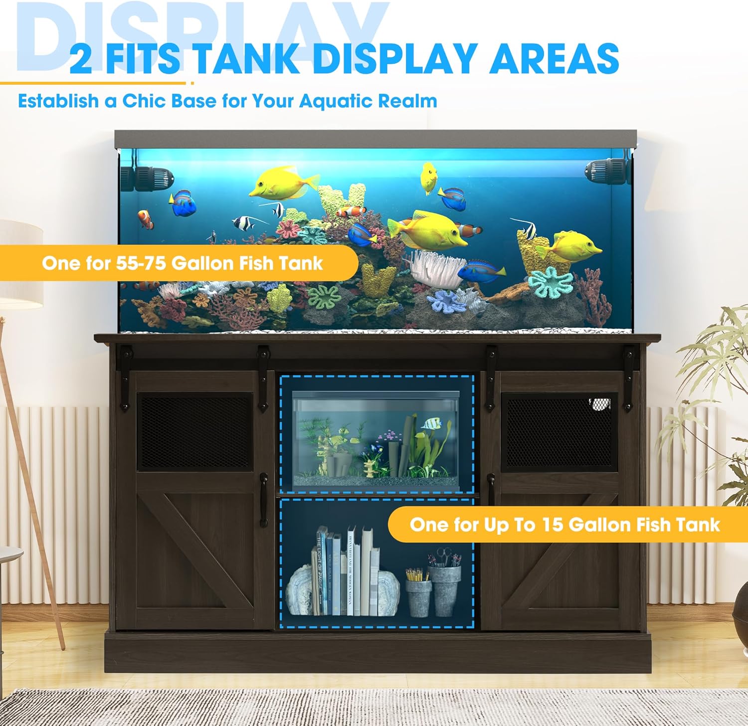 TITIMO 55-75 Gallon Fish Tank Stand with Power Outlet, Heavy Duty Large Aquarium Stand with Sliding Barn Door and Cabinet Storage for 2 Fish Tank Turtle Tank Reptile Terrarium, 1300LBS Capacity(Brown)