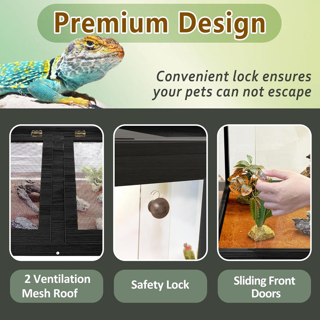 PROLEE Bearded Dragon Tank,Tempered Glass Reptile Tank with Mesh Roof and Front Sliding Door,Anti-Scratch Lizard Tank,Spacious Reptile Enclosure for Snakes,Lguanas (Black, 81Gallons,48"x20"x20")