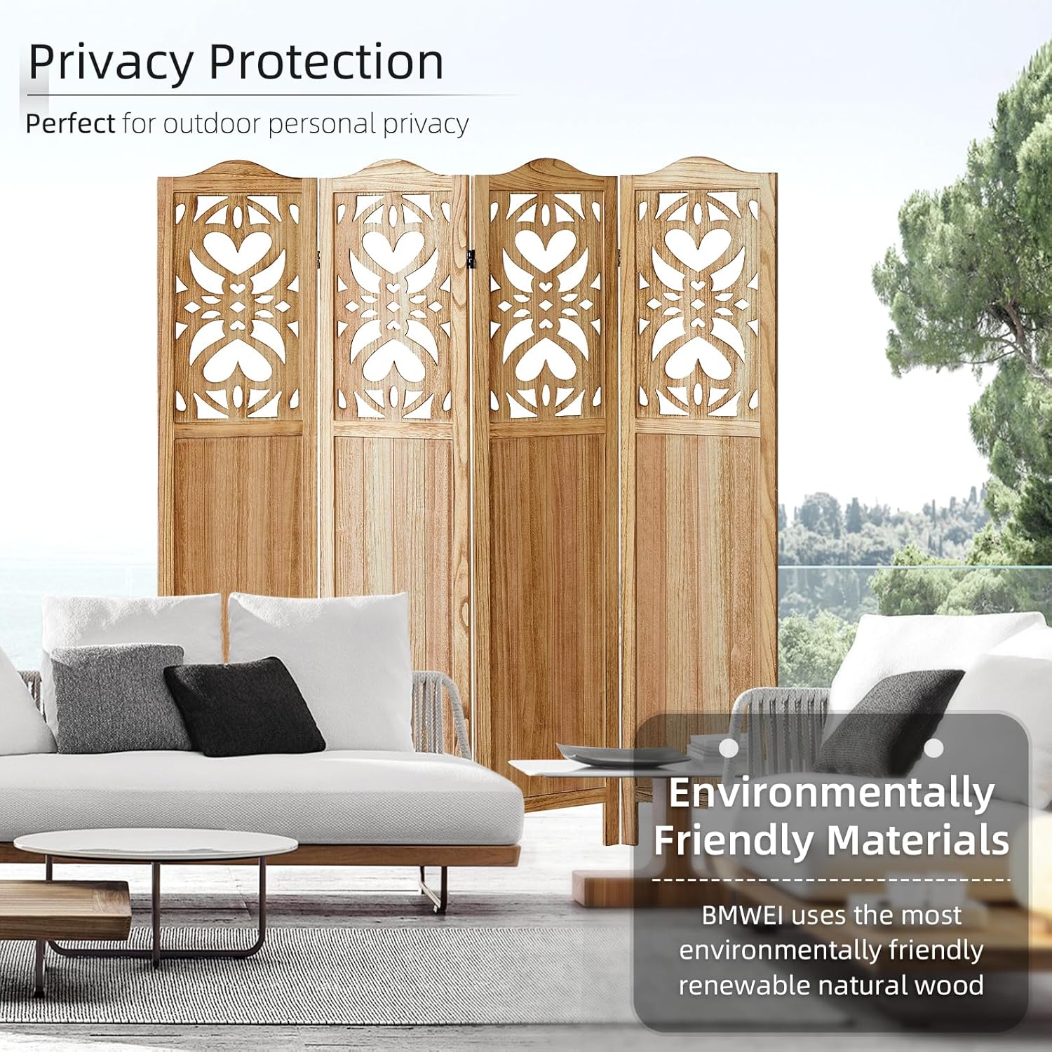 4 Panels Room Divider, 5.6Ft Carved Room Divider Wall and Foldable Divider Screens, Folding Privacy Screen, Folding Portable Partition Screen, Creative Divider Panel - Natural