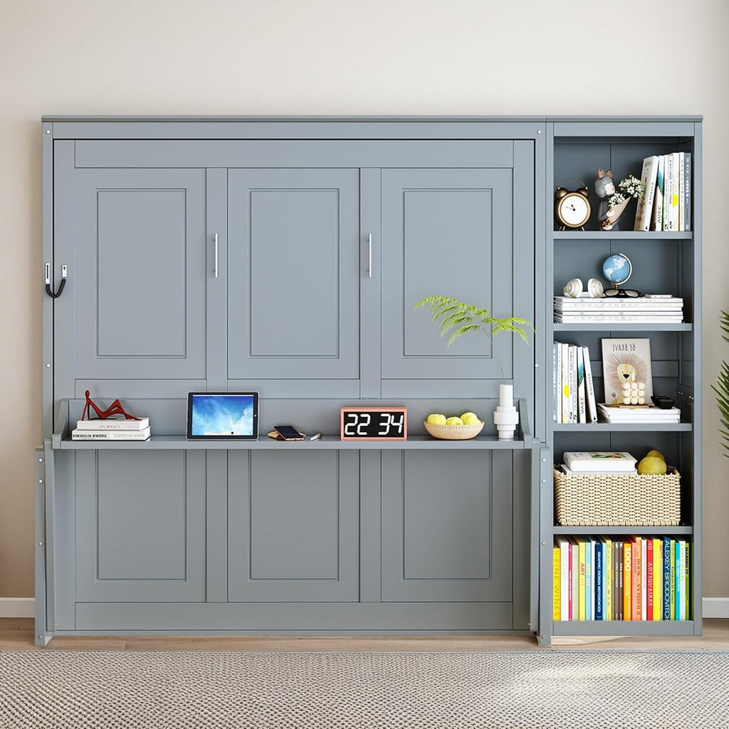 MERITLINE Queen Murphy Bed with Desk and Storage Shelves,Wood Hideaway Murphy Wall Bed with Storage Bookcase for Adults (Grey)
