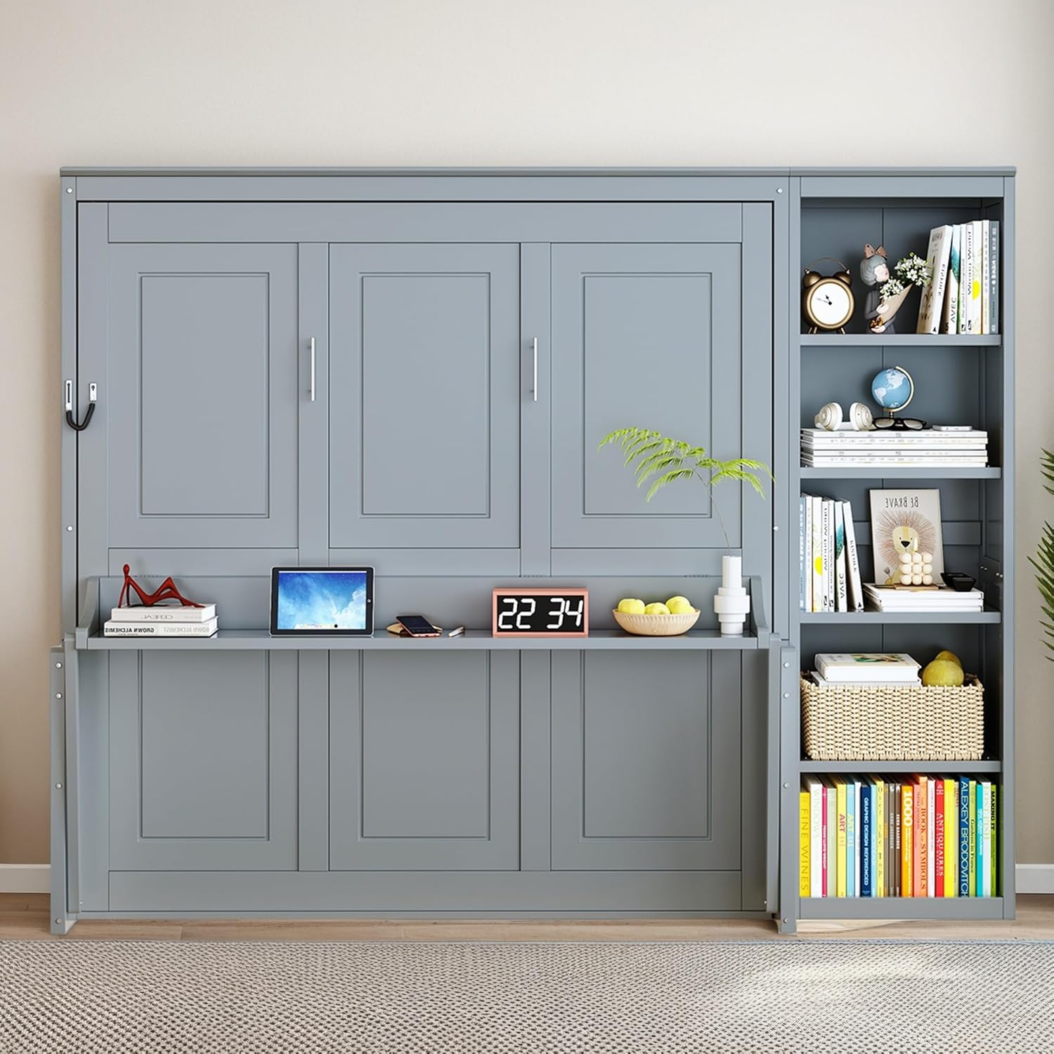 MERITLINE Queen Murphy Bed with Desk and Storage Shelves,Wood Hideaway Murphy Wall Bed with Storage Bookcase for Adults (Grey)
