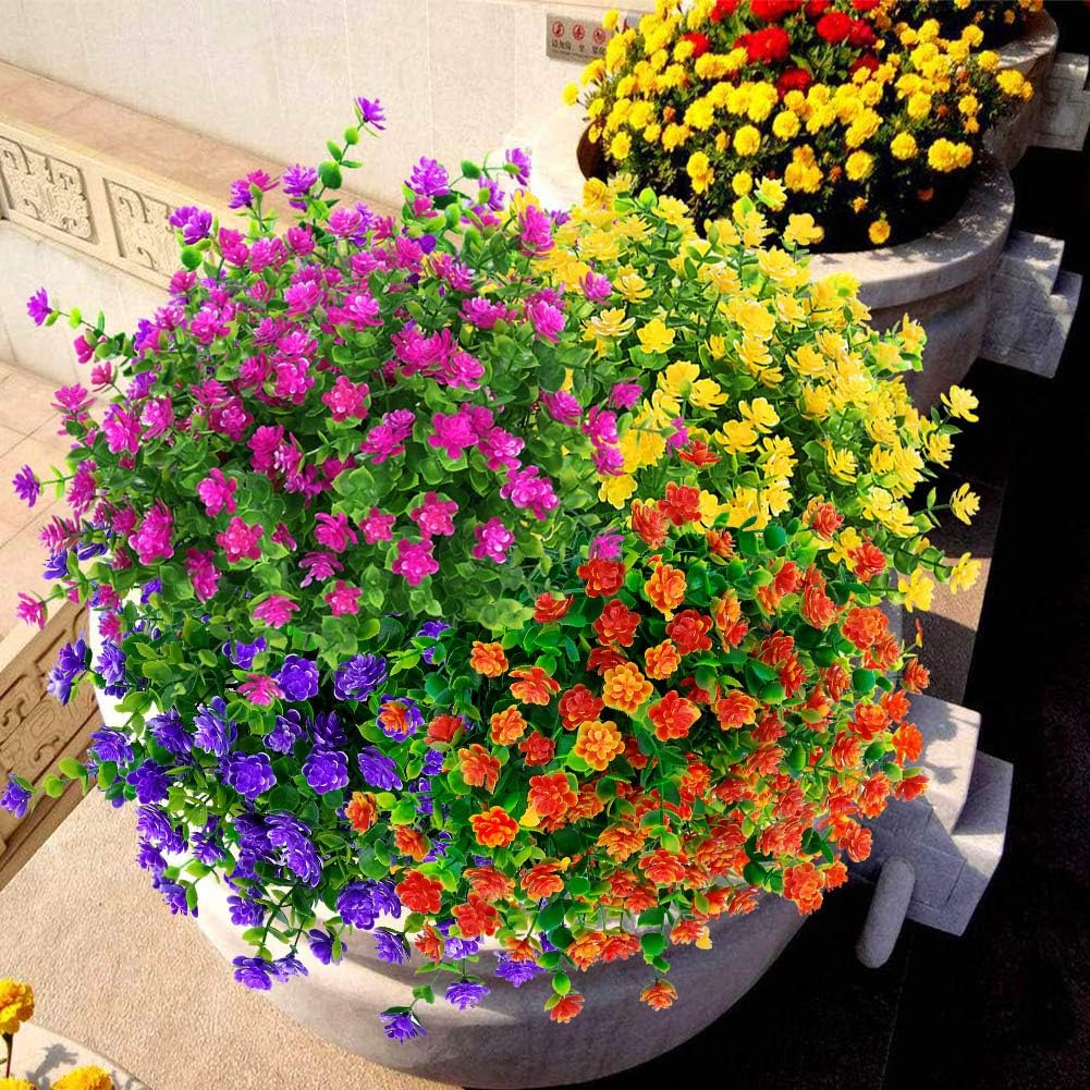 24 Bundles Outdoor Artificial Flowers UV Resistant Fake Boxwood Plants, Faux Greenery for Indoor Outside Hanging Plants Garden Porch Window Box Home Wedding Farmhouse Décor (Magenta)