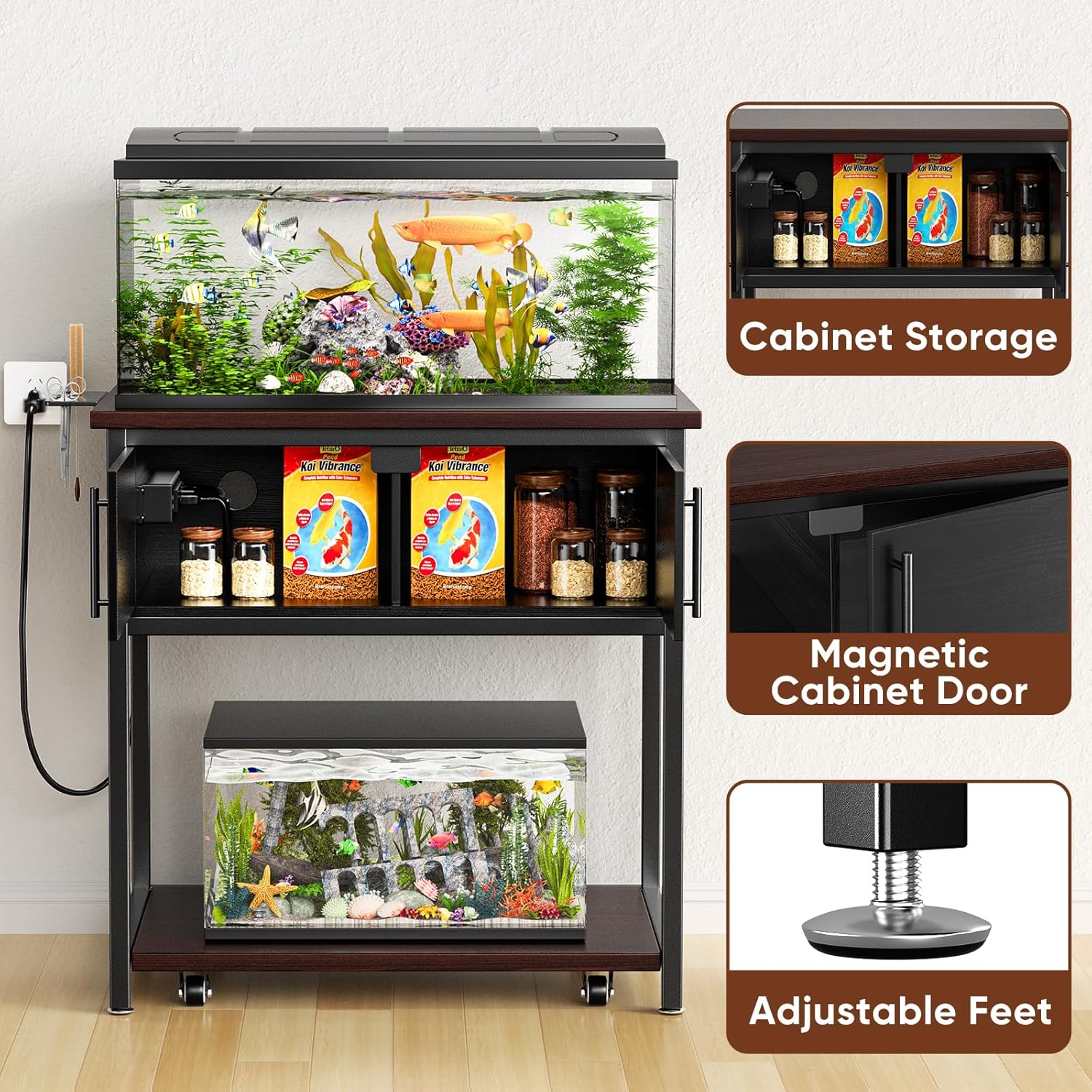 20-29 Gallon Fish Tank Stand with Power Outlet and Storage Cabinet,Aquarium Stand with Slide-Out Fish Tank Shelf,Heavy Duty Metal Frame and Waterproof Wood,31.5" L x 15.7" W 770LBS Capacity