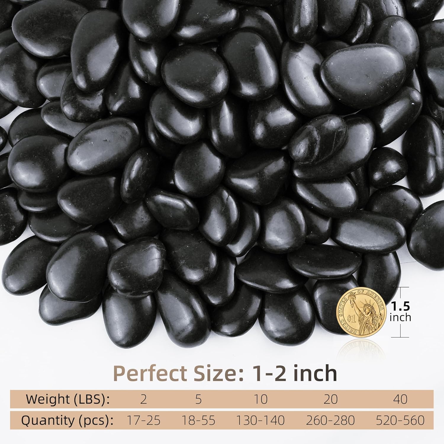 2lbs Black Pebbles for Indoor Plants, 1-2Inch Natural River Rocks for Aquarium, High Polished Decorative Stones for Vase Filler Fish Tank Landscaping Garden