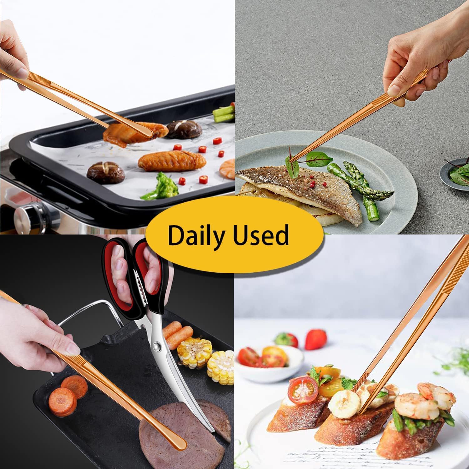 JETKONG 2 Pcs 12-Inch Kitchen Tweezers Cooking Tweezer Tongs Stainless Steel Long Food Tweezers (Rose Gold)