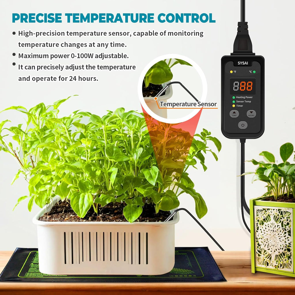 SYSAI Temperature Controller for Reptile Tank, Heat Mat, Seed Germination, Greenhouse, Brooder, Home Brewing, 100W-1A, Digital Thermostat, °F/°C Display, 60-94°F