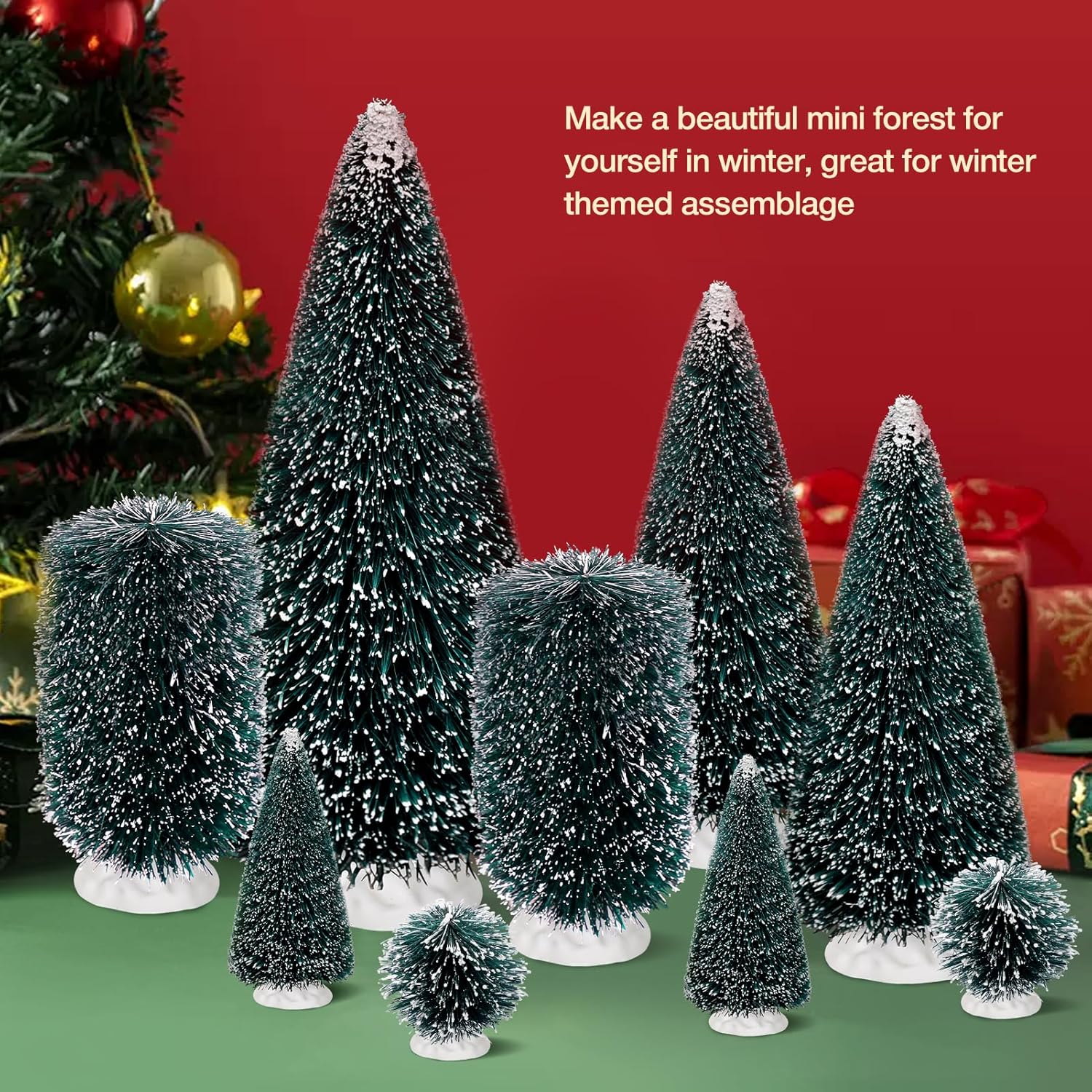 9Pcs Mini Christmas Trees Christmas Decor Artificial Christmas Decorations with 5 Sizes, Christmas Tree Bottle Brush Trees Christmas Table Decorations (Conventional Ellipse Circle)