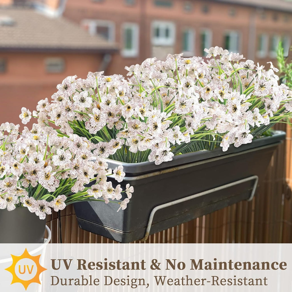 24 White Bundles Artificial Flowers for Outdoors/Indoors Fake Flowers Plants for Indoor Outside Garden Porch Window Box Home Wedding Farmhouse