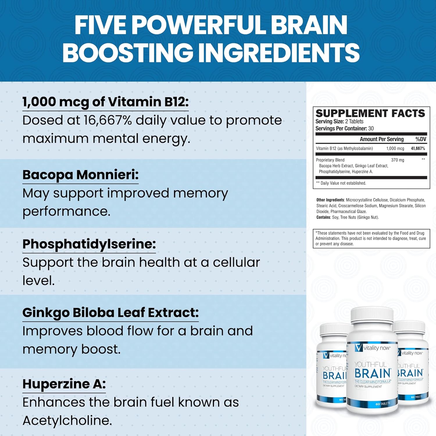 Youthful Brain | Memory & Brain Health Support Supplement with Bacopa Monnieri, Ginkgo Biloba, B12 - Easy to Swallow Tablets - 30-Day Supply (60 Count)