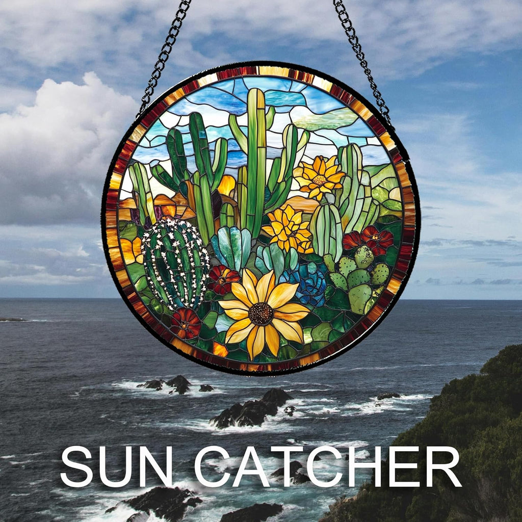 Stained Glass Window Hanging Green Cactus with Yellow Flowers Large 15" - Suncatcher Door Garden Sun Catcher Home Decor Birthday Christmas for Mom Men Woman Friend Nana