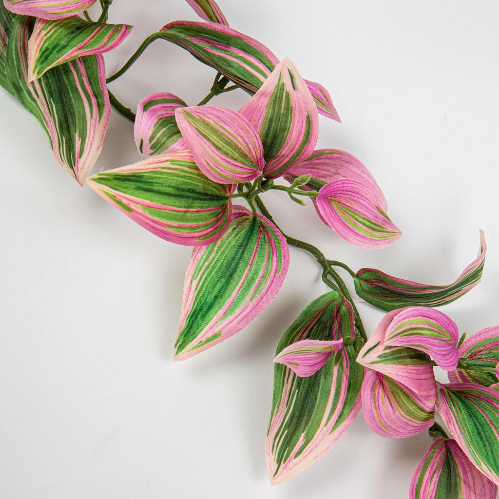 2Pcs 5.6FT Artificial Leaf Hanging Plant Faux Tradescantia Zebrina Garland Plants Fake Vines Leaves Greenery for Boho Wedding Party Front Door Wall Stair Home Decor Pink