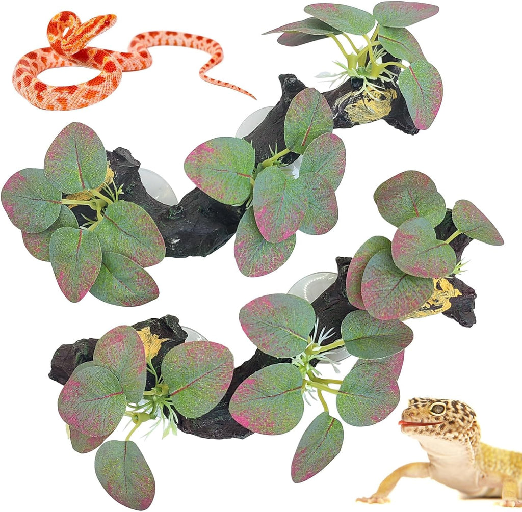 kathson 2 PCS Reptile Corner Branch Resin Snake Climbing Accessories with Leaves Terrarium Plant Decoration with Suction Cup for Lizard Frog Bearded Dragon Gecko Spider Climbing 7.8 x 3.1 x 1.4 inches