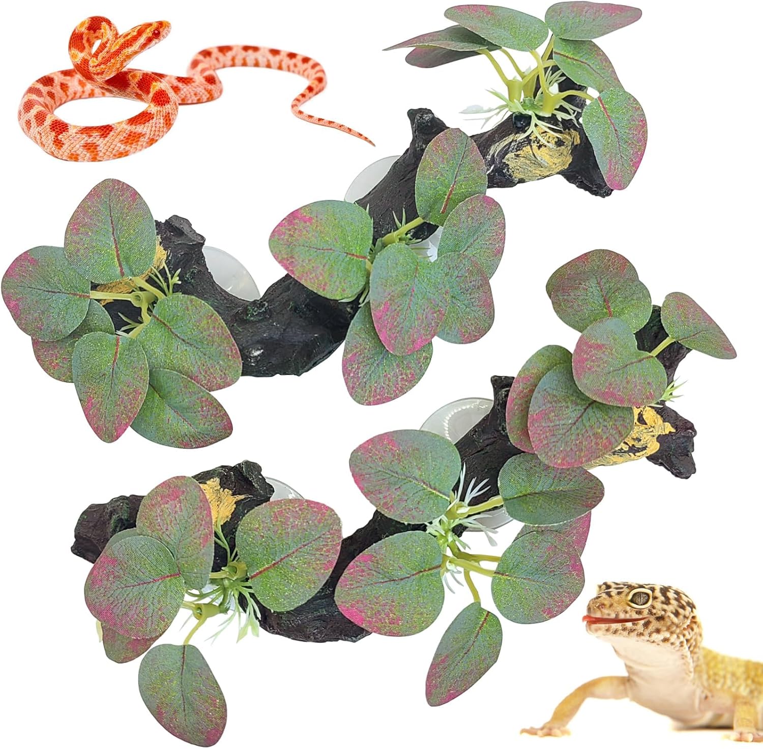 kathson 2 PCS Reptile Corner Branch Resin Snake Climbing Accessories with Leaves Terrarium Plant Decoration with Suction Cup for Lizard Frog Bearded Dragon Gecko Spider Climbing 7.8 x 3.1 x 1.4 inches