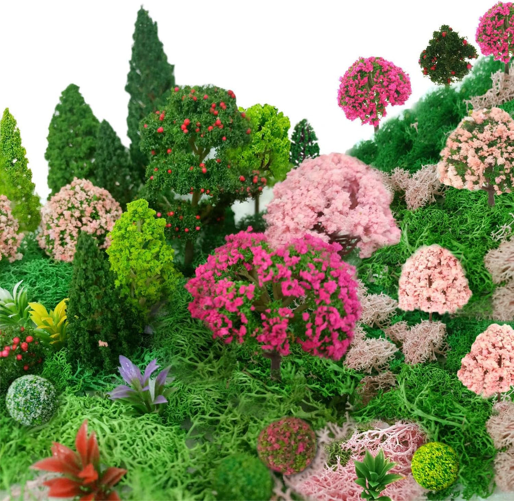 Mixed Model Trees, Model Train Scenery, 37Pcs, Miniature Trees with Moss for Building Model, Natural Green Landscape, Railroad Scenery