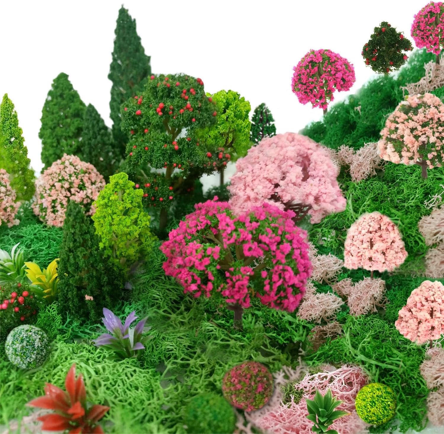 Mixed Model Trees, Model Train Scenery, 37Pcs, Miniature Trees with Moss for Building Model, Natural Green Landscape, Railroad Scenery