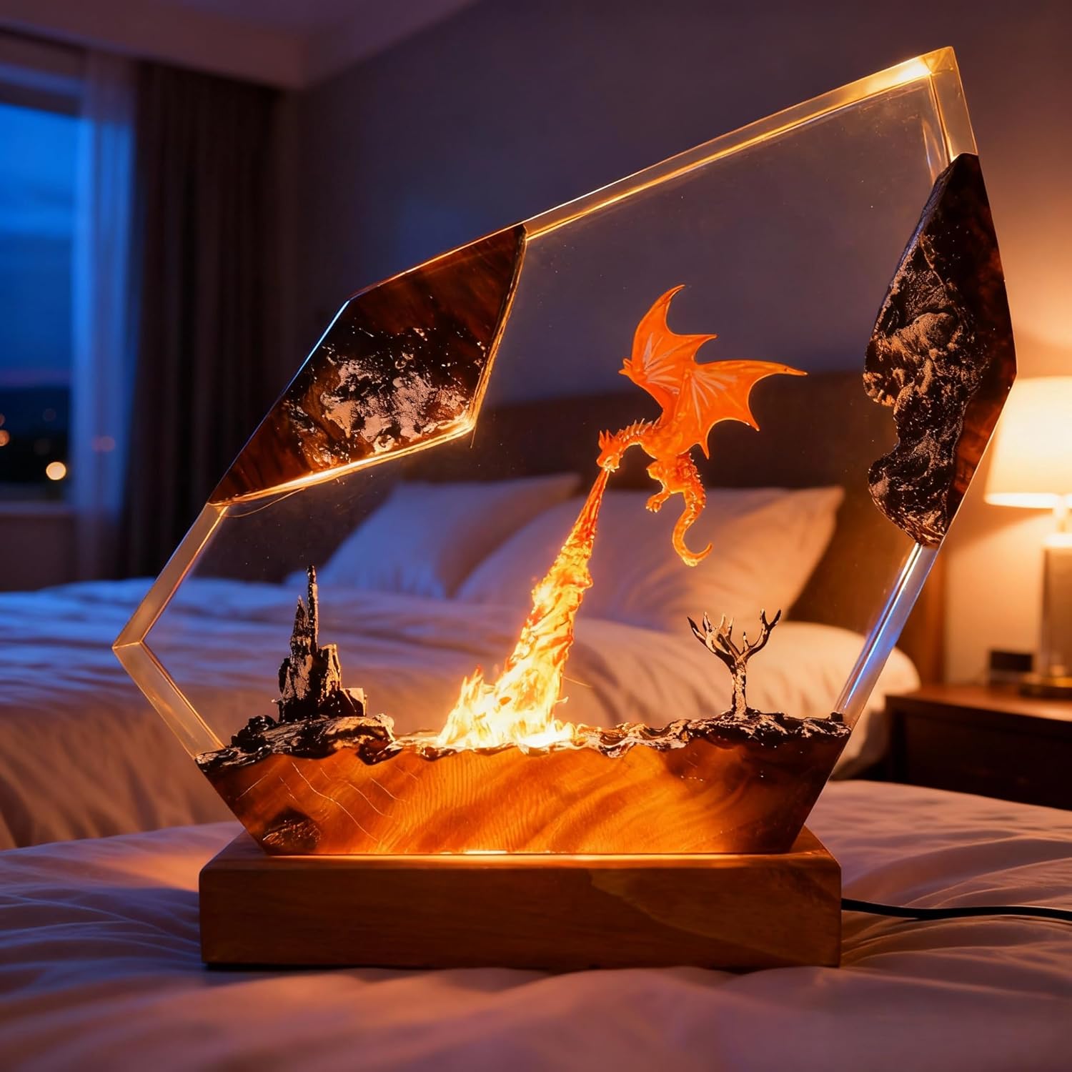Dragon Resin Lamp – Fantasy Night Light with 16 Color LED, USB Powered Dragon Desk Lamp with Wooden Base & Remote, Handmade Gift for Christmas, New Year