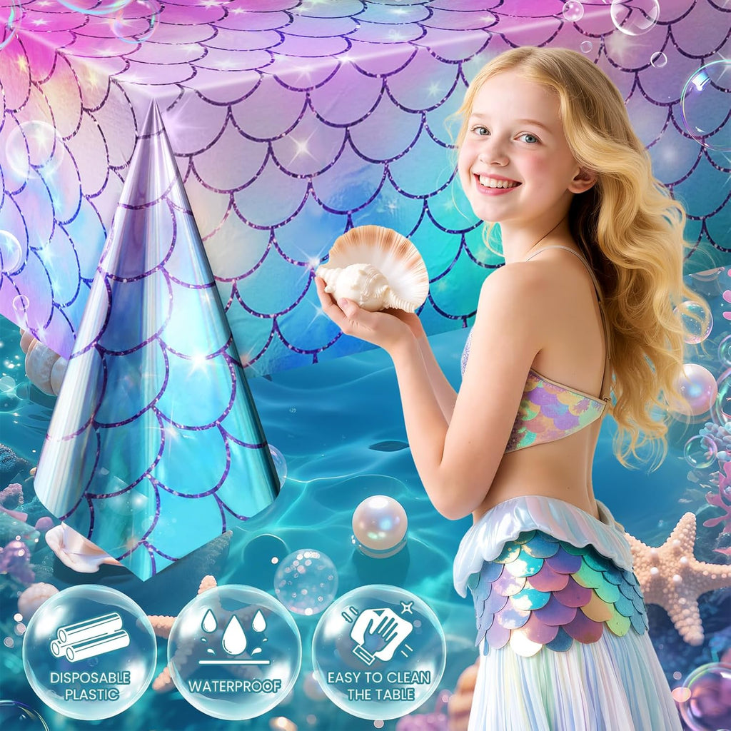 2 Pack Mermaid Tablecloth, 54x 108” Blue & Purple Disposable Table Cover, Fish Scale Design, Plastic Party Decoration for Under The Sea, Princess, Baby Shower, Kids Birthday