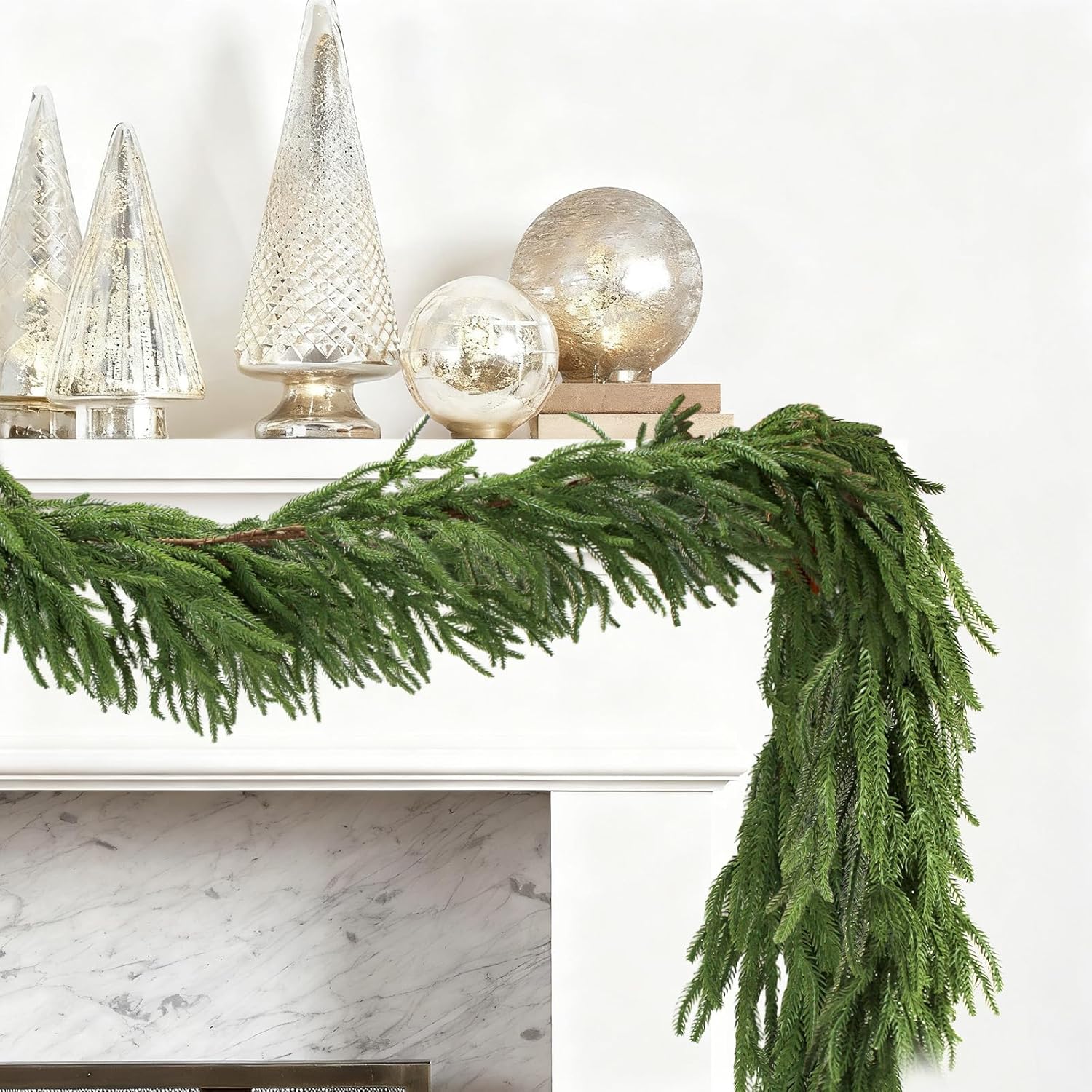 9FT Christmas Artificial Norfolk Pine Garlands for Mantle Fireplace, Real Touch Faux Greenery Pine Garland for Holiday Xmas Decorations