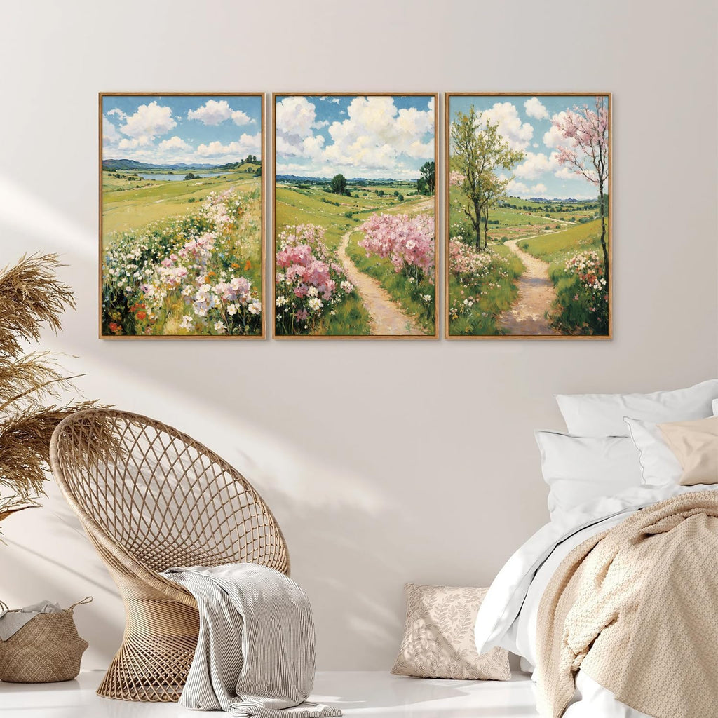 Tinonedraw Rustic Landscape Framed Canvas Wall Art Triptych, Blue and White Wall Decor, Vintage Botanical Floral Artwork, Modern Country Nature Farmhouse Art Prints for Living Room Bedroom 16"x24"x3